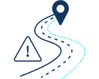 A roadmap icon leads to a destination map thumbnail icon with a left facing warning sign to indicate danger ahead.