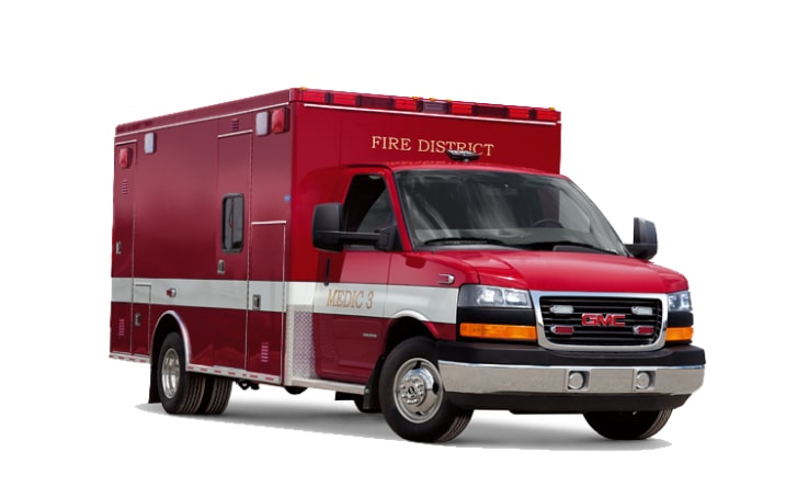 Front Three-Quarters View of the 2023 GMC Savana Van with Fire and Ambulance Upfit Application