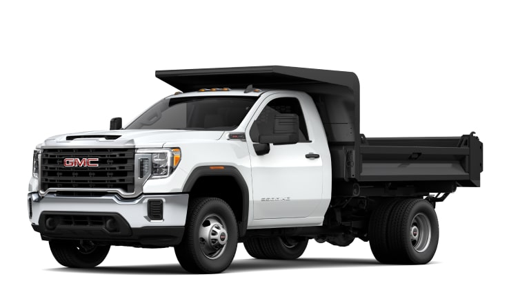 Front Three-Quarters View of the 2023 GMC Sierra With Dump Truck Upfit Application