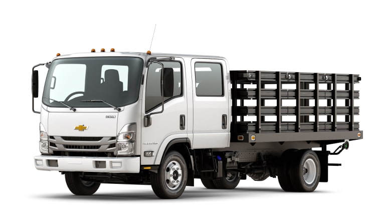 Three-Quarters Front View of the 2023 Chevrolet Low Cab Forward 6500 XD/7500 XD Truck With Platform Upfit Application