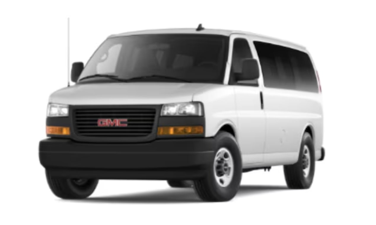  Front Three-Quarters View of the 2024 GMC Savana Passenger Van