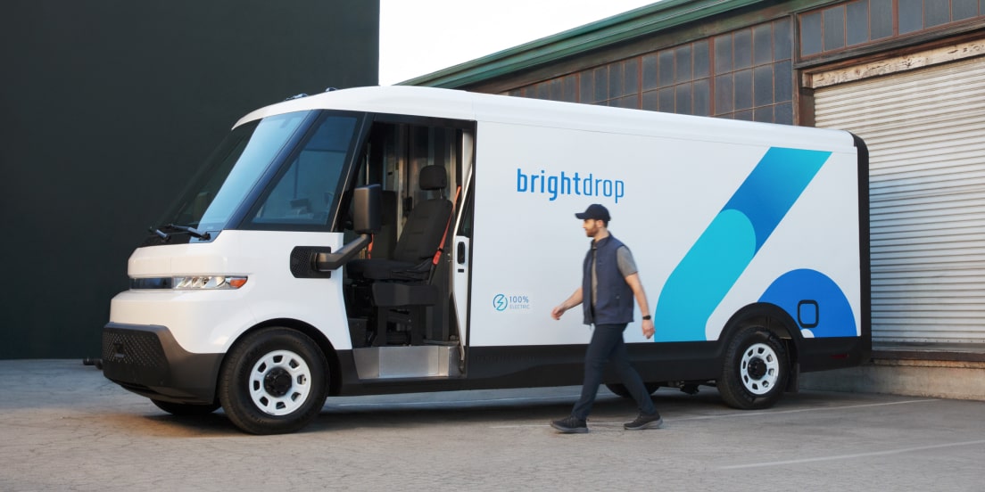 A 2024 BrightDrop Zevo parked at a loading dock.