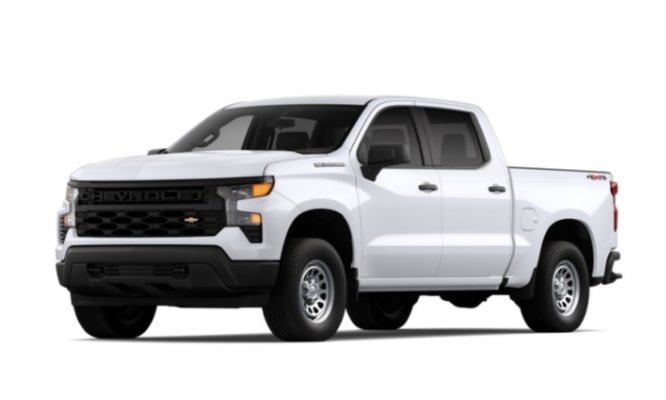 A three-quarter shot of a white 2024 Chevrolet Silverado 1500