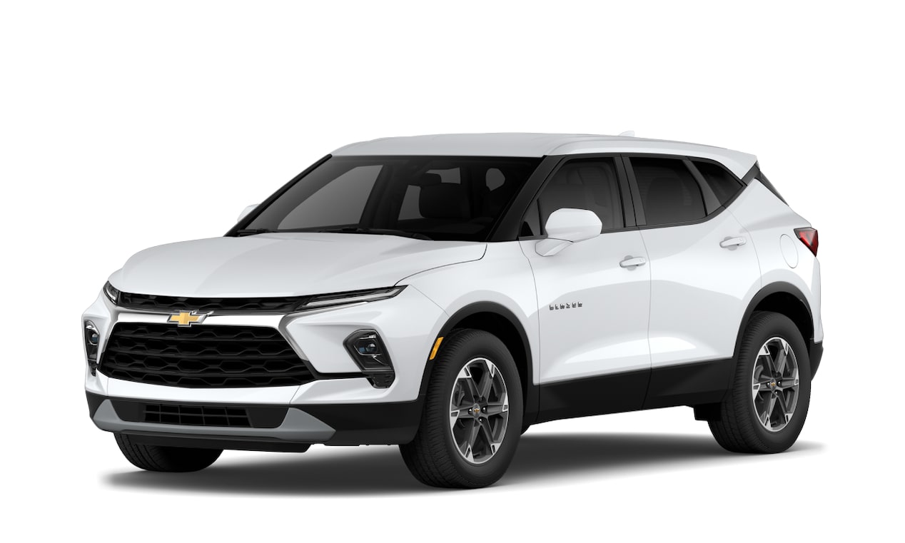 A three-quarter shot of a white 2025 Chevrolet Blazer