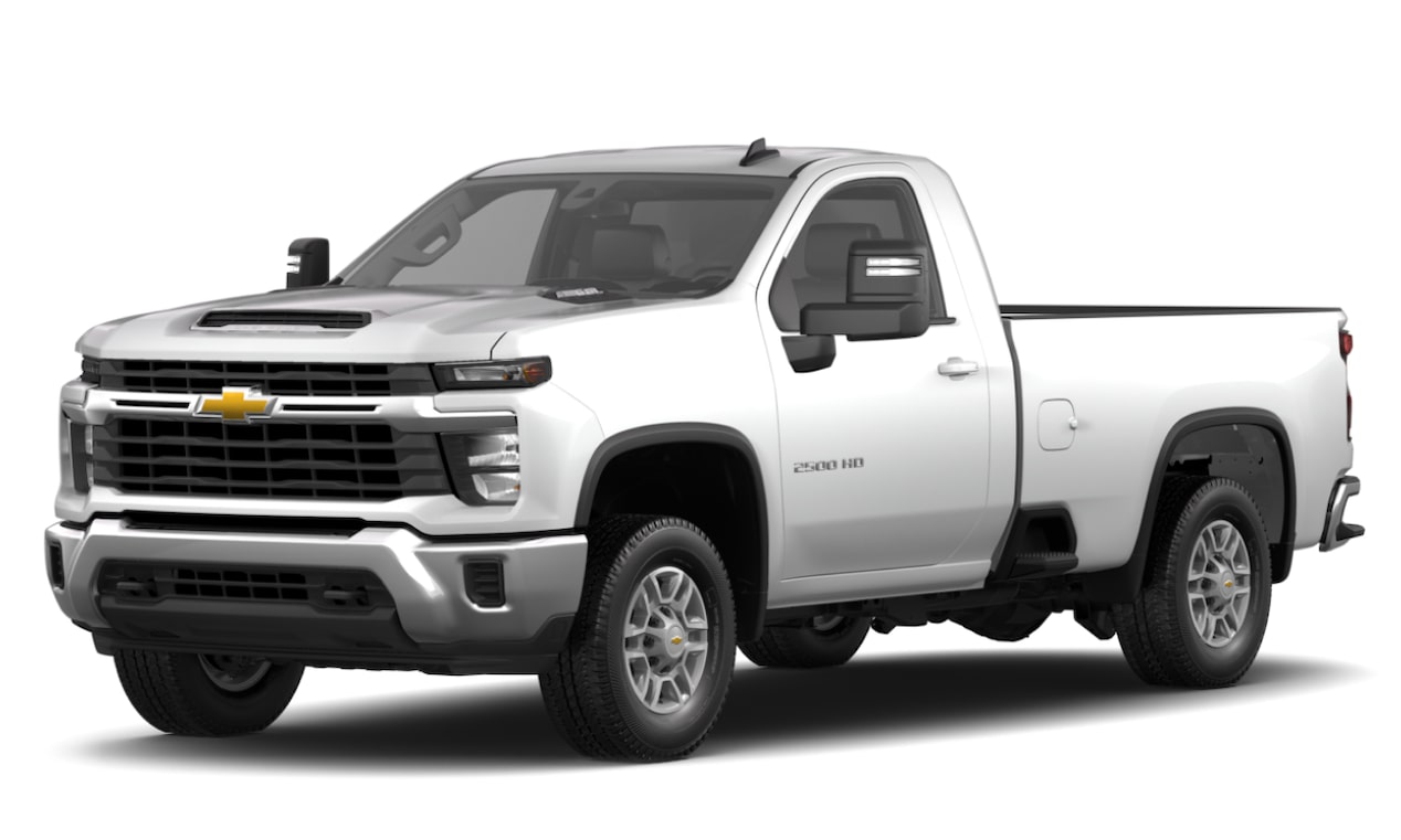 A three-quarter shot of a white 2025 Chevrolet Silverado 2500