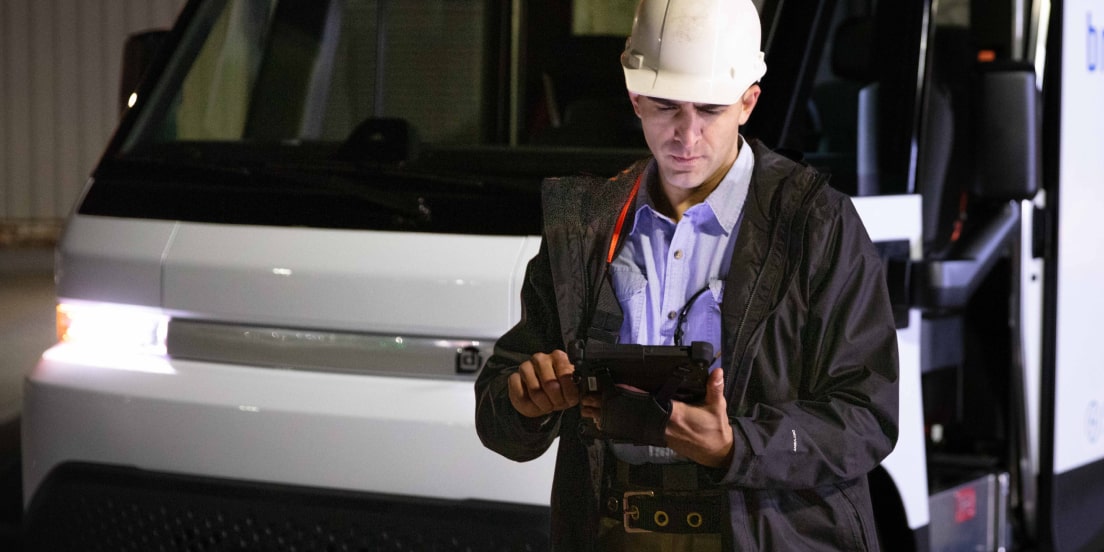 Constuction worker using a tablet device