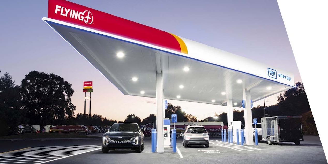 A gas station showing charging infrastructure