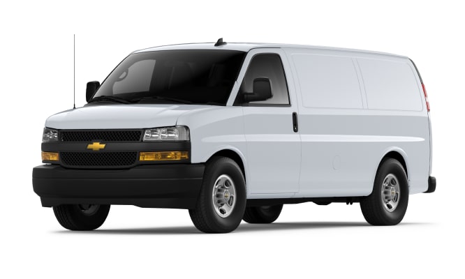 A three-quarter shot of a white 2023 Chevrolet Express