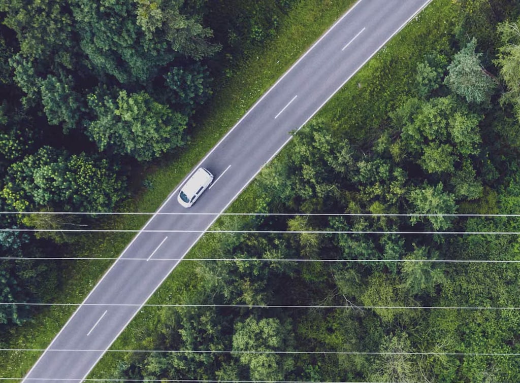 Birdseye Overhead View of a Tree-Lined Road with a Single Car Driving Along