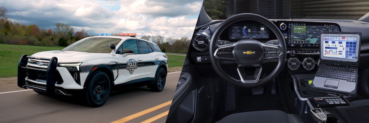 The exterior of a 2024 GM Envolve Blazer EV Police Pursuit Vehicle on the left and it's interior on the right.