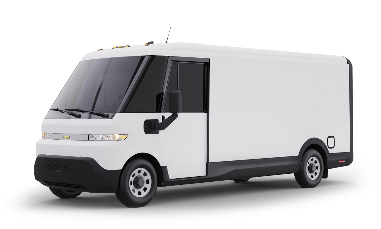 A white, unbranded Brightdrop electric van